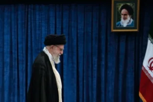 Iranian Supreme Leader Ayatollah Ali Khamenei leaves after casting his vote during the presidential election, in Tehran, Iran, Friday, June 28, 2024. Vahid Salemi—Associated Press